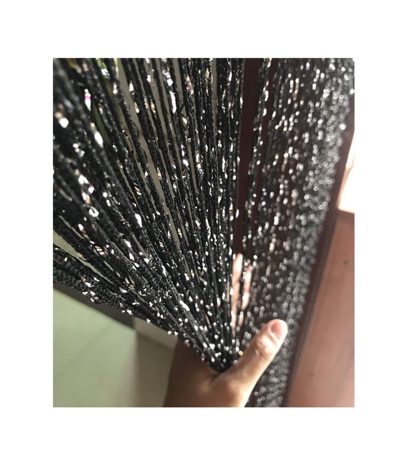 Eyotool 1x2 M Door String Curtain Rare Flat Silver Ribbon Thread Fringe Window Panel Room Divider Cute Strip Tassel for Wedding Coffee House Restaurant Parts, Black - Image 1